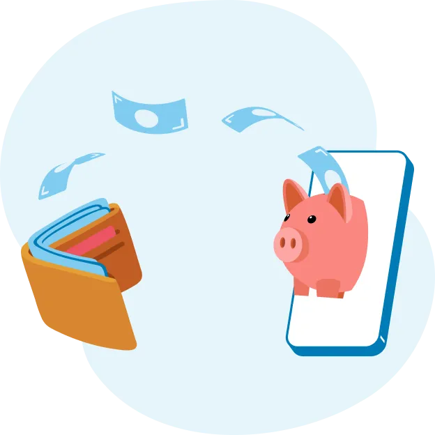 スマートフォンから上半身が出た豚の貯金箱に財布から出たお札が入るイラスト