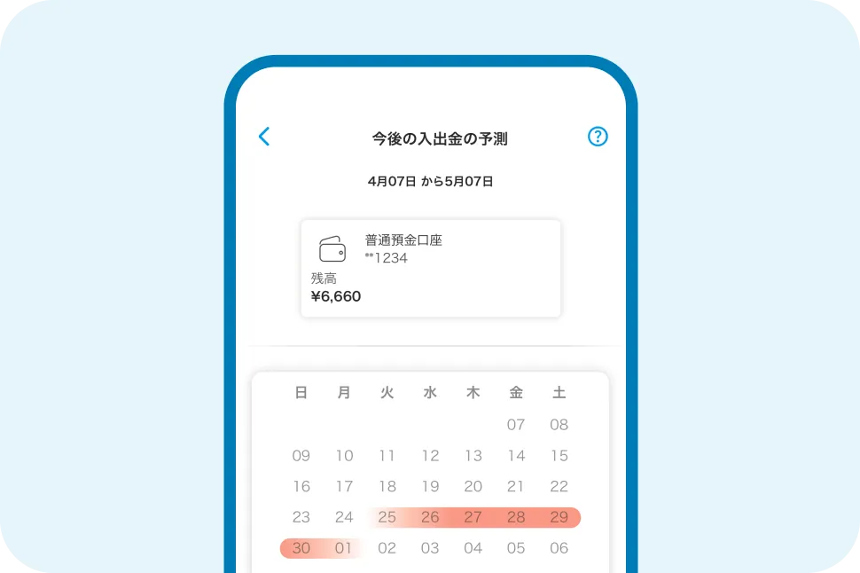 Wallet+のPicks「今後の入出金の予測」のスクリーンショット。普通預金の口座番号とその残高、カレンダーなどが表示されている。